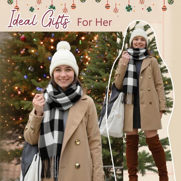 Women's White Gray Lattice Scarf Fashion Long Plaid Shawls Wraps Big Grid Winter - Picture 7 of 7